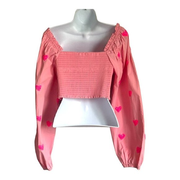 EUC - Main Strip Heartfelt Milkmaid Smocked Sequin Hearts Crop Top - Size: Large - Picture 6 of 10
